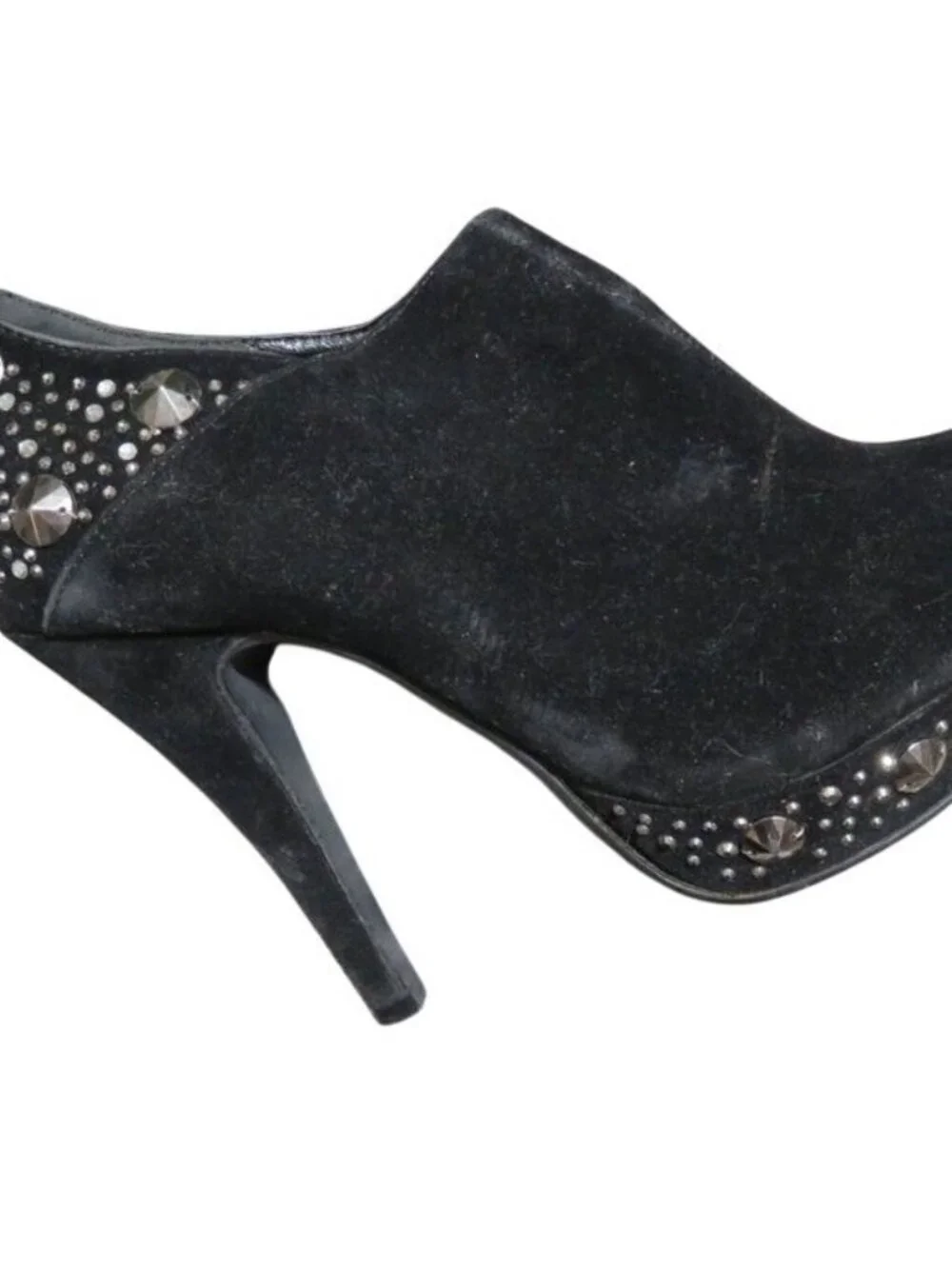 Italina Black Suede Embellished rhinestones studs Peep toe booties ankle boots